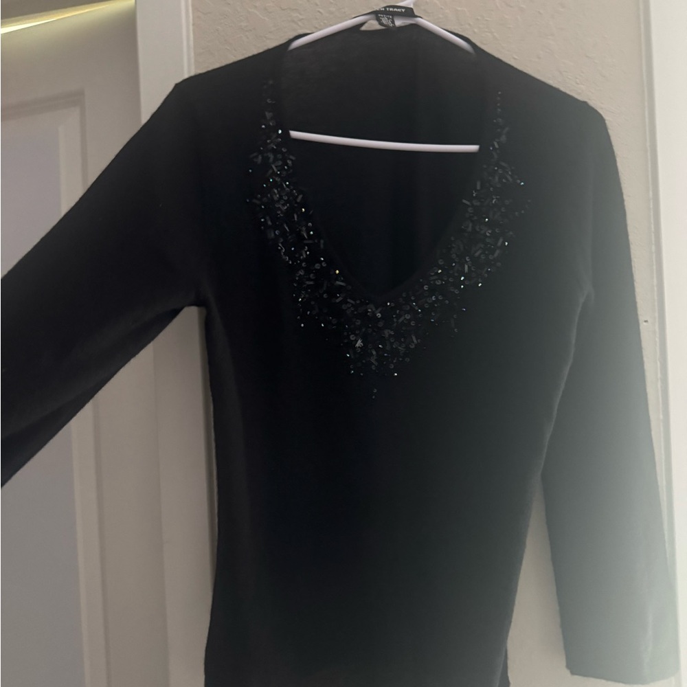 100% Cashmere Embellished Black Sweater – Luxury Beaded Detail